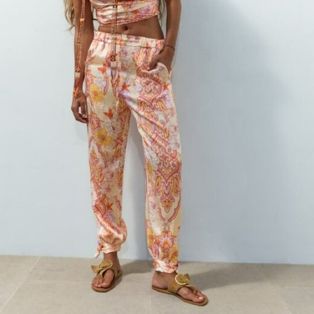 Nwt New Zara Satin Floral Tapered The Sasha Pants Size L